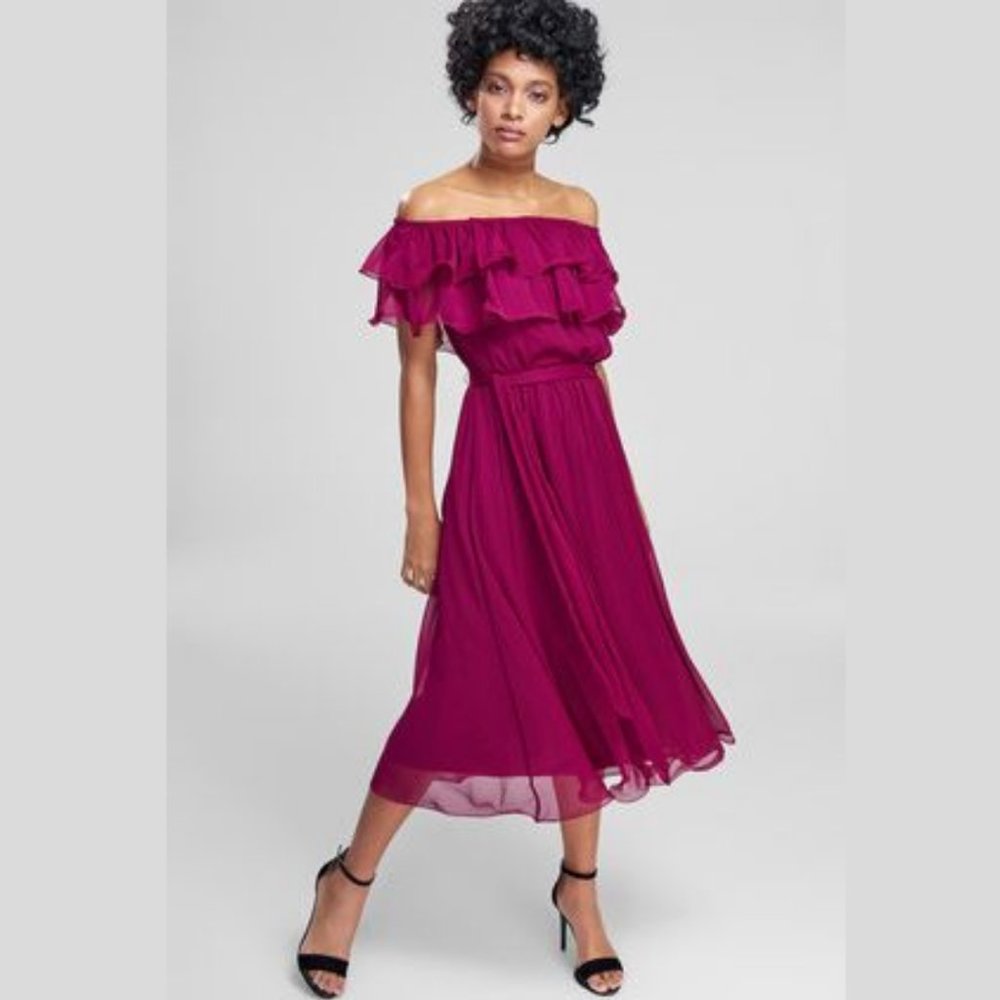 TRENDYOL MİLLA Plum Carmen Collar Midi Dress Off the Shoulder Ruffle Size 40/L